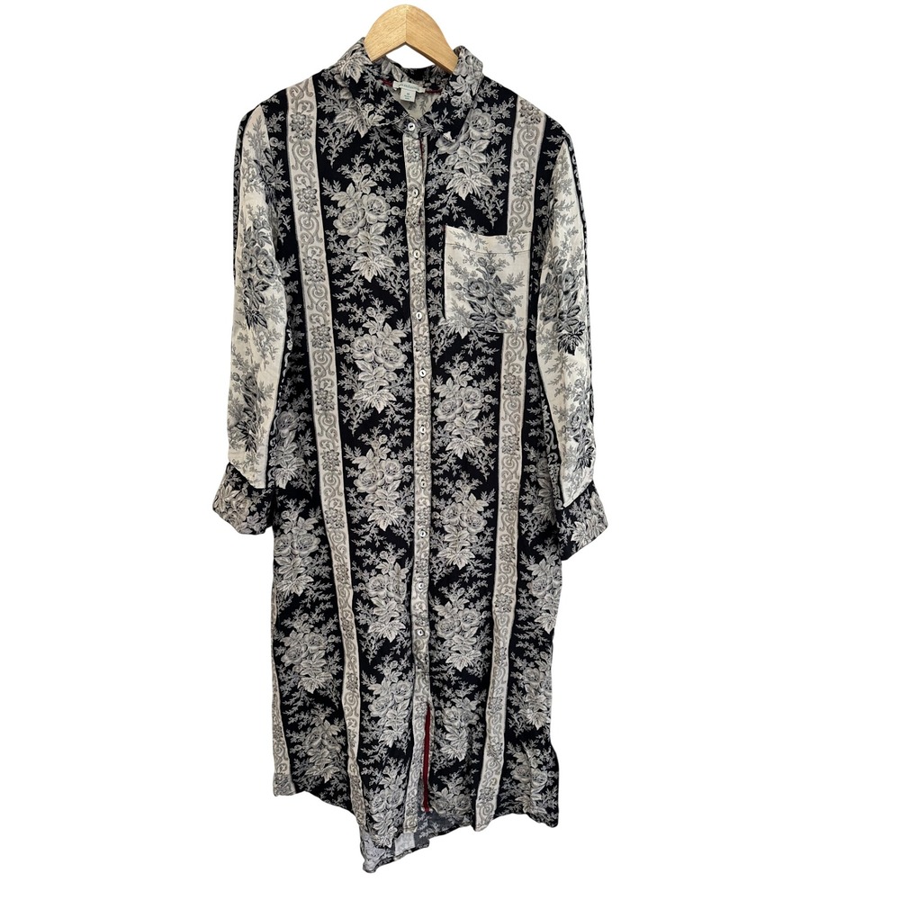 Sundance Floral Midi Shirt Dress Black Cream Linen Blend Medium Boho Lagenlook